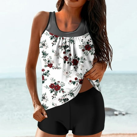 CFLVAEK Tankini Bathing Suits for Women Trendy Hawaii Graphic Tankini Swimsuits Two Piece Swim Tank Top with Black Boyshorts Modest Tummy Control Swimwear 2025 White XL