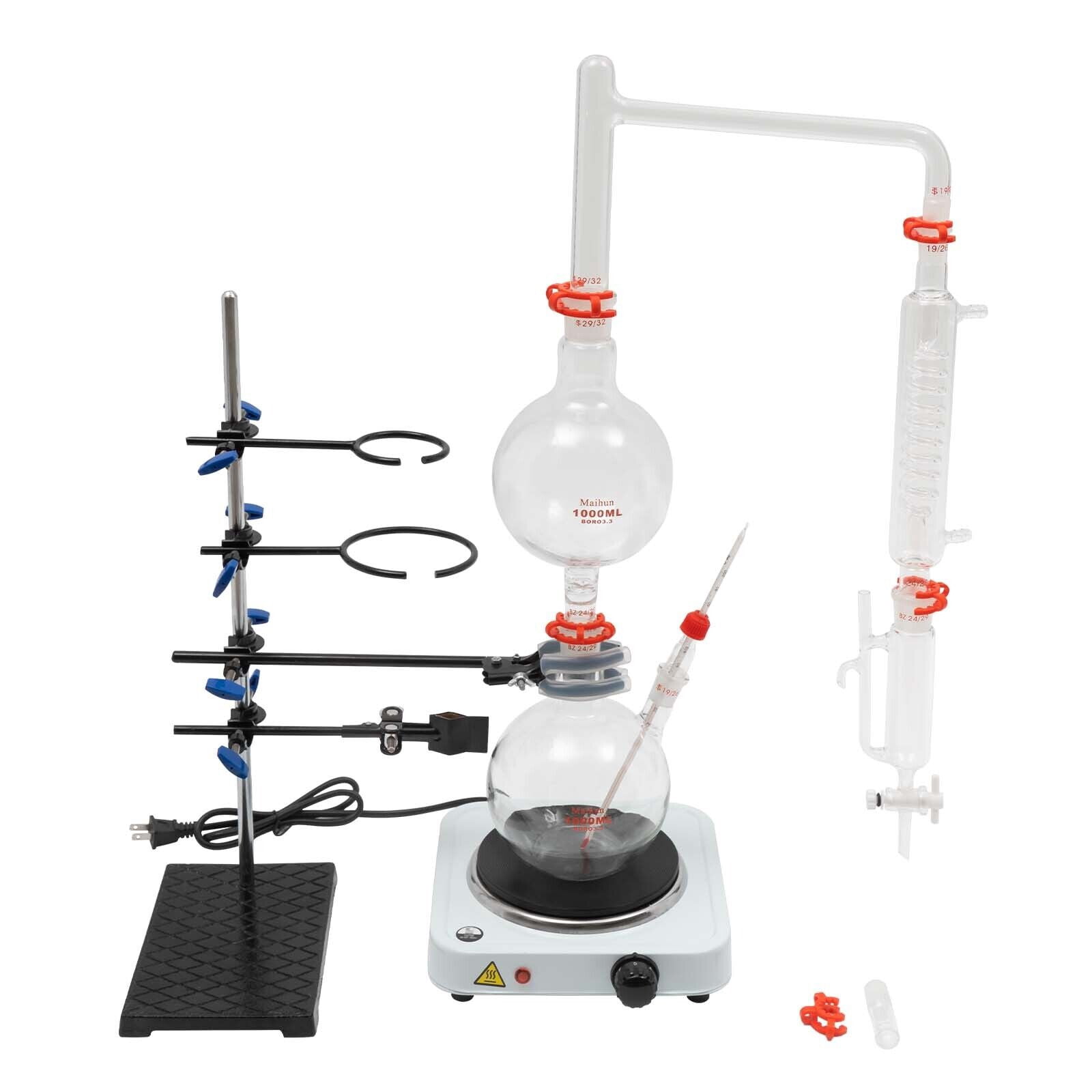 1000ml Countertop Essential Oil Distillation Apparatus Glassware with Condenser & Hot Stove