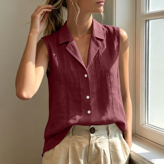 Yrmaups Loose Fit Sleeveless Button Down Vest for Women, Casual Collared Top, Soft Comfort Tank for Beach Vacation Office Daily Wear, Wine M
