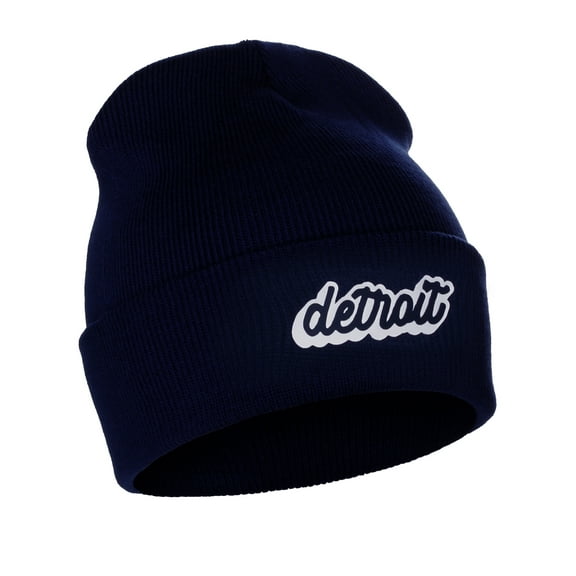 I&W Classic USA Cities Winter Knit Cuffed Beanie Hat 3D Raised Layer Letters, Detroit Navy, White Black
