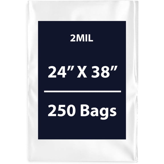 Clear Flat Poly Bags, 2Mil 24" X 38" & 250 Bags | Low-Density Polyethylene (LDPE), Flat Open Top Plastic Packaging Packing | Flexible and Durable Plastic Bags