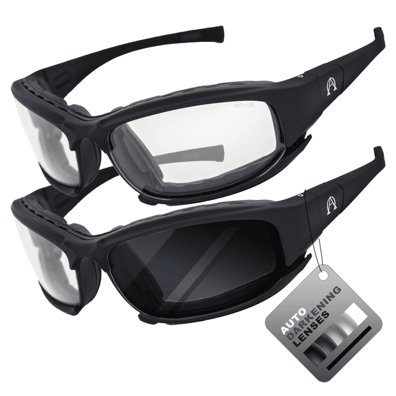 Alpha Omega 3 Motorcycle Sunglasses Foam Padded Riding Safety Glasses Z87.1 Convertible to Goggles for Men or Women 2 Pair Black Frame w/Clear & Photochromic Clear to Smoke Lenses