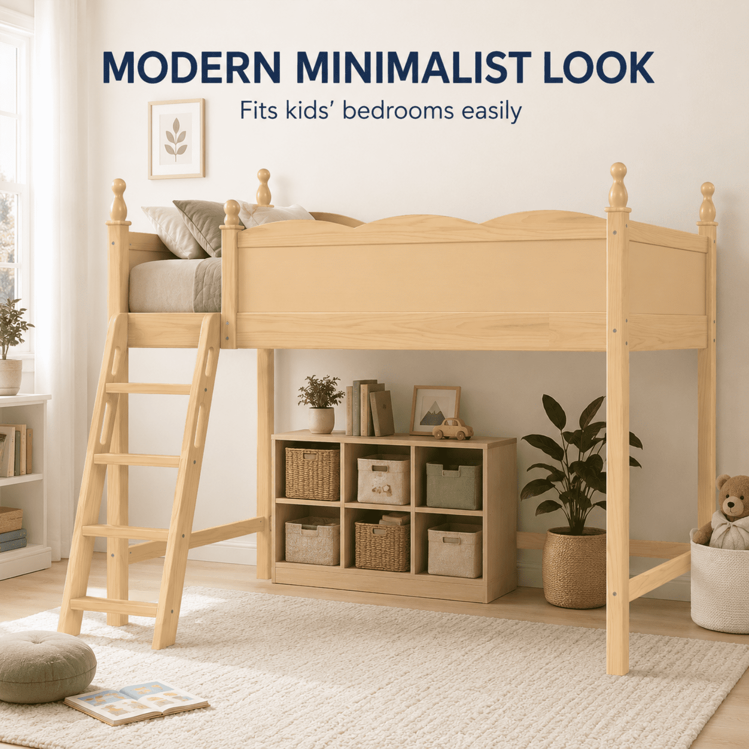 Miniyam Twin Loft Bed for Kids with Guardrails and Ladder, Solid Wood Space Saving Bed Frame, Natural