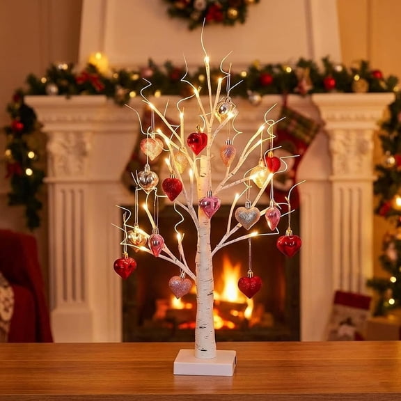 Heart-Shaped Birch Tree Lamp, Pre-lit LED White Artificial Tree with Hanging Ornaments, Romantic Valentine's Day Decor Centerpiece