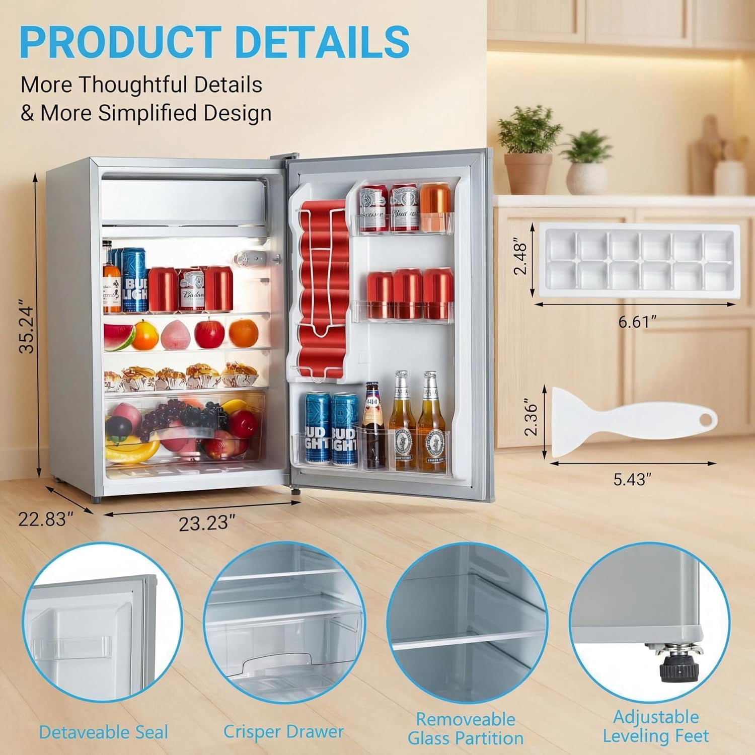 4.3 Cu.ft Mini Fridge with Freezer, Compact Refrigerator with 7-Level Temperature Control, Single Door Design, Removable Glass Shelves and Crisper Drawer for Bedroom, Dorm, Office, White