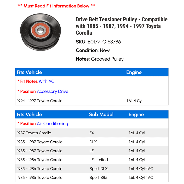 Drive Belt Tensioner Pulley Compatible with 1985 1987 1994 1997 Toyota Corolla 1986 1995 1996