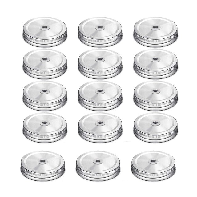 Tapas de frasco de plata de masón con boca regular de acero con agujero de paja 15 paquetes compatibles con tarro de albañil Afortunado Sencillez
