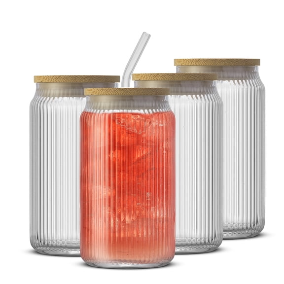 Fluted Glass Tumblers with Bamboo Lids and Straws - 16 oz - Set of 4