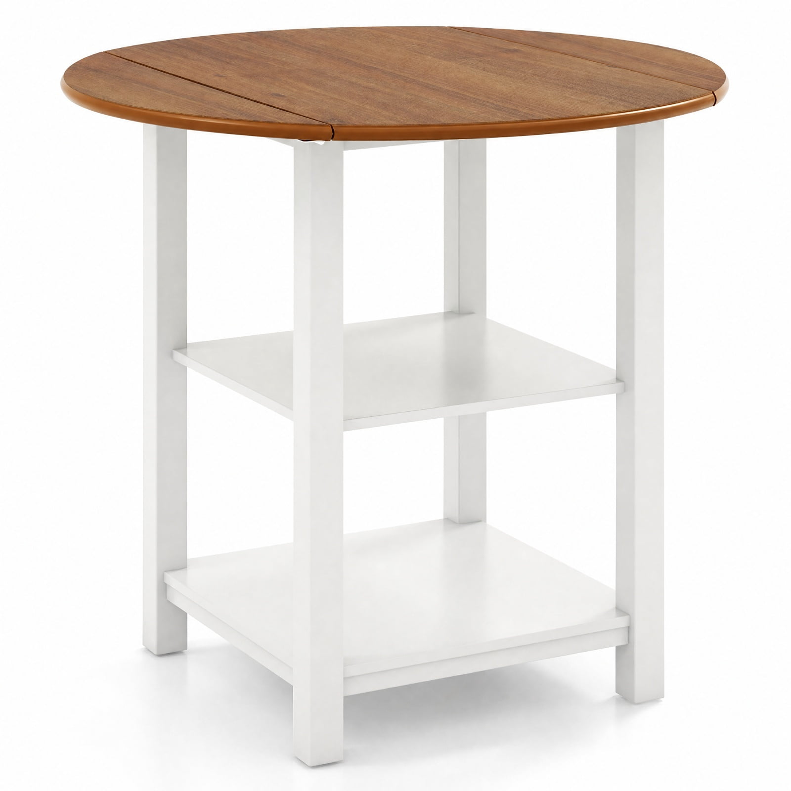 Furnibear Folding Round Drop Leaf Dining Table with 2 Storage Shelves and Solid Rubber Wood Legs for Small Spaces, White