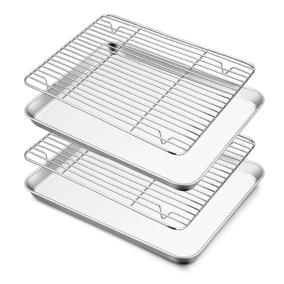 Walchoice Baking Sheet with Rack Set (2 Pans 2 Racks), Stainless Steel Large Cookie Sheet with Wire Cooling Racks for Baking Cooking Roasting, Dishwasher Safe - 16” x12”