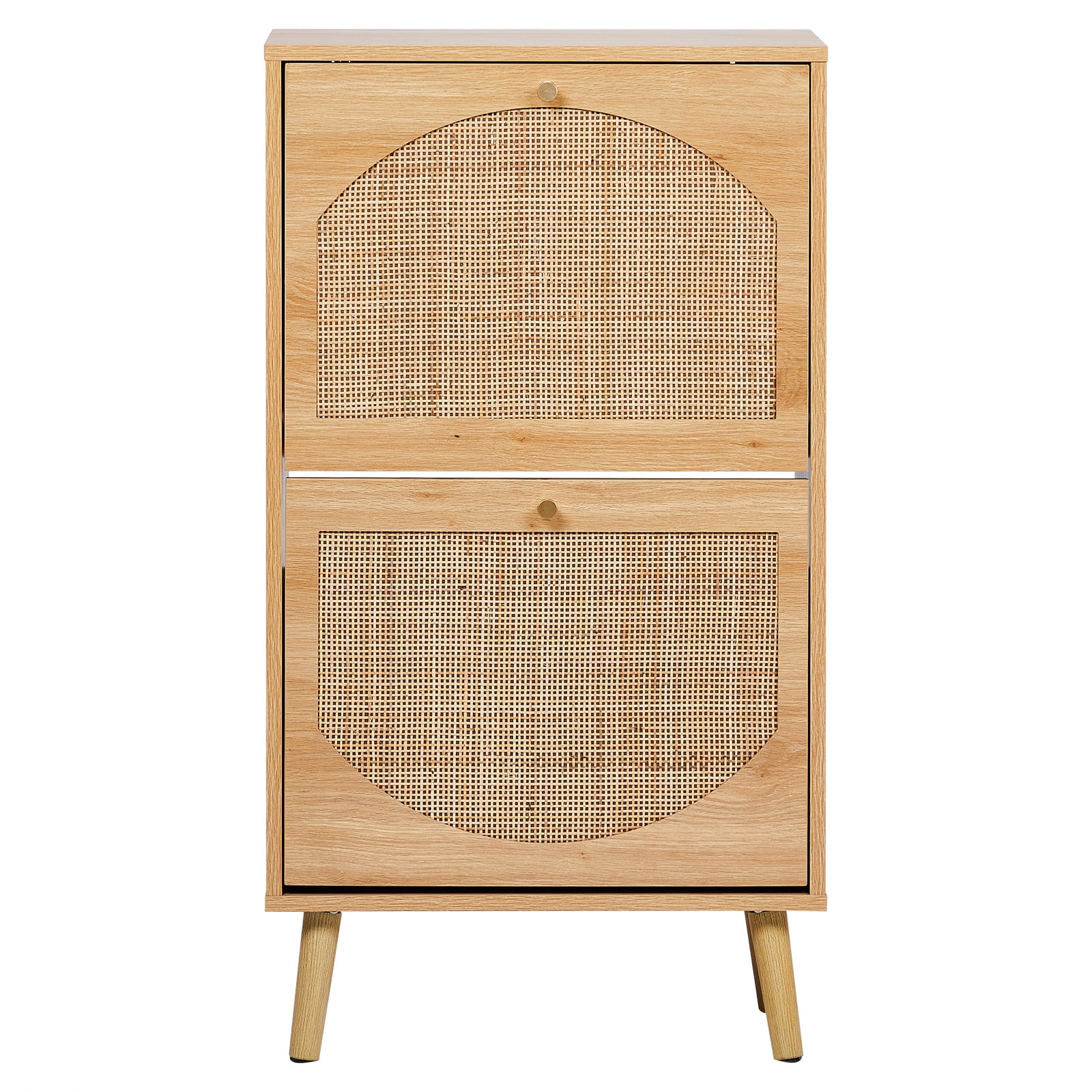 Flip Door Rattan Shoe Cabinet, High Density Fiberboard with Melamine Laminate, Mid Century Modern Shoe Storage Organizer, Slim Space Saving Shoe Rack for Entryway Hallway Small Spaces