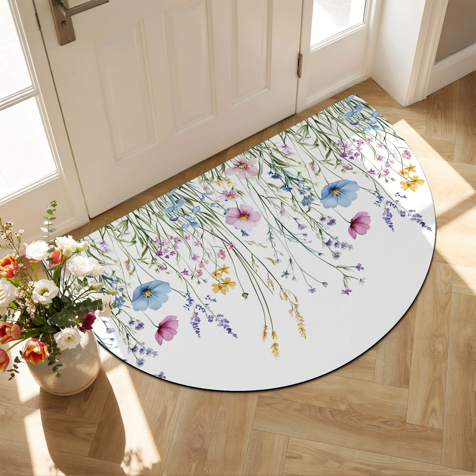 Indoor Doormat Front Door Mat 20 x31.5 Spring Floral Absorbent & Non-Slip Half Circle Doormat Indoor Entrance Low-Profile Welcome Mat for Entryway Patio Colorful Botanical Wildflower Summer