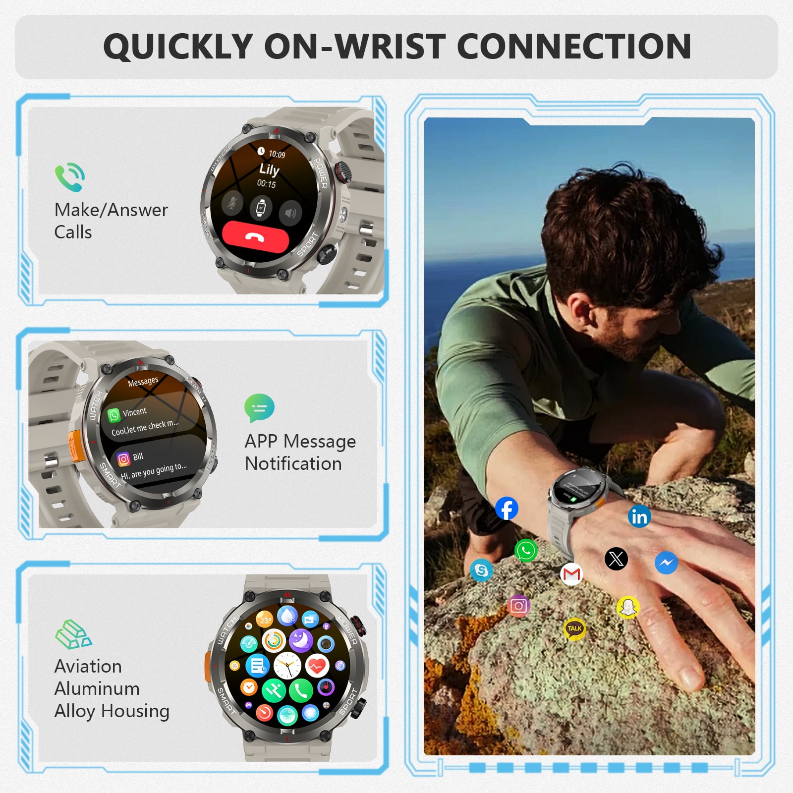 LUOMATE 1.45" Men Military Smartwatch with Fitness Tracker, Bluetooth Calling, 100+ Sport Modes, IP68 Waterproof, Pedometer, Outdoor Sports Watch Compatible Android iPhone (Khaki)