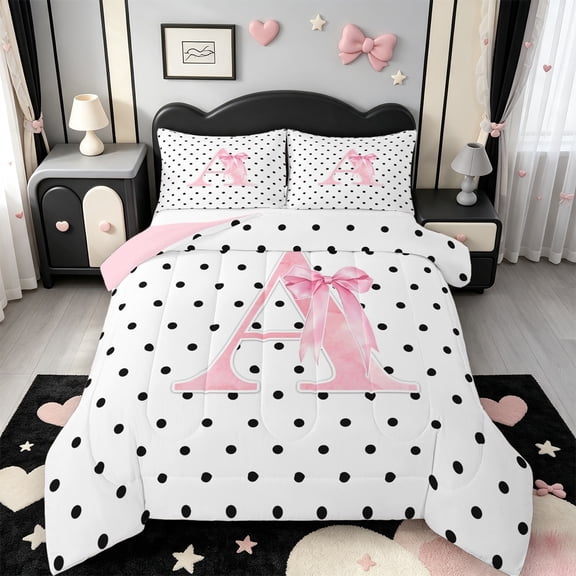 Manfei Pink ABC Print A Full Size Comforter Sets,Cute Polkadot Bedding Comforter Set,Pink Reversible,3-Piece,1 Comforter and 2 Pillowcases