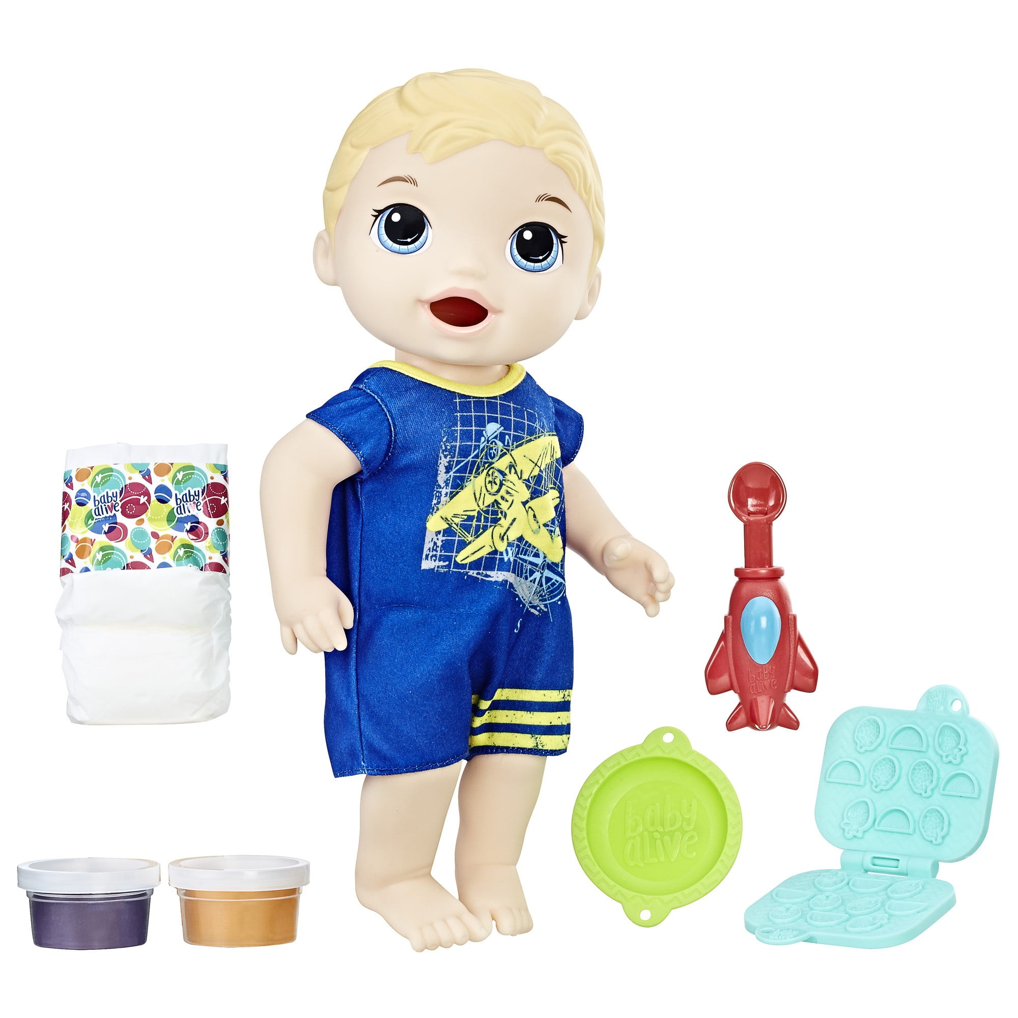 Baby Alive Super Snacks Snackin Luke Boy Doll Blonde Hair /& Blue Outfit NEW