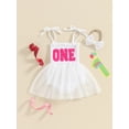 thumbnail image 2 of Bslissey Baby Girls Birthday Romper Dress Tie Spaghetti Strap Letter Embroidery Tulle Hem Jumpsuit Infant Cute Summer Sleeveless A-line Dress with Headband 6M 12M 18M, 2 of 8