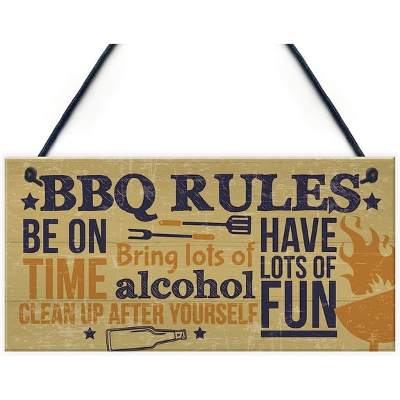1pc Wooden Hanging Sign "BBQ Rules Be On Time" - Backyard Garden Room Decoration Plaque for Summer - 7.9 x 3.9 inches - Wall Decor