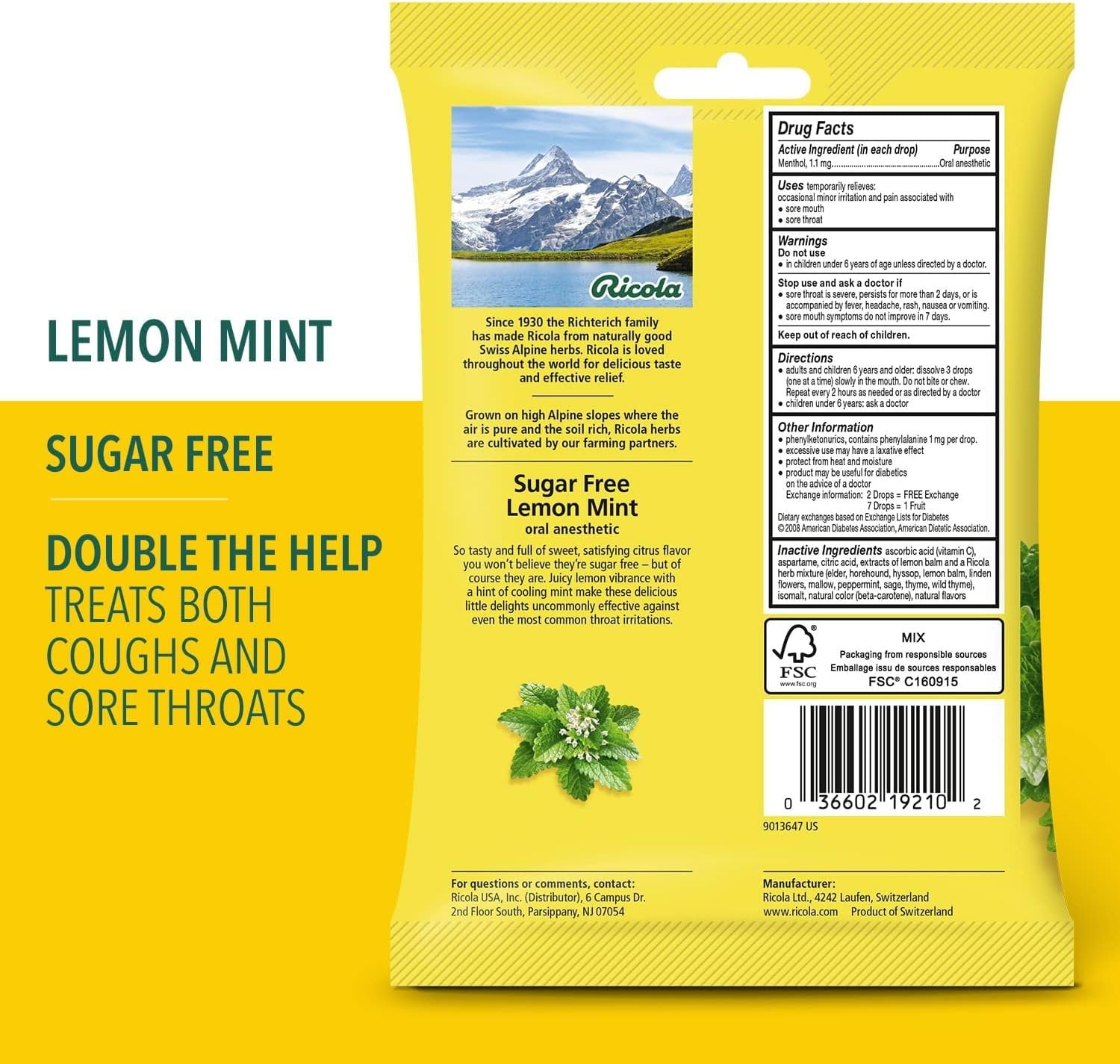 Ricola - Cough Drop Sugar Free Lemon Mint - Case Of 8-19 Ct