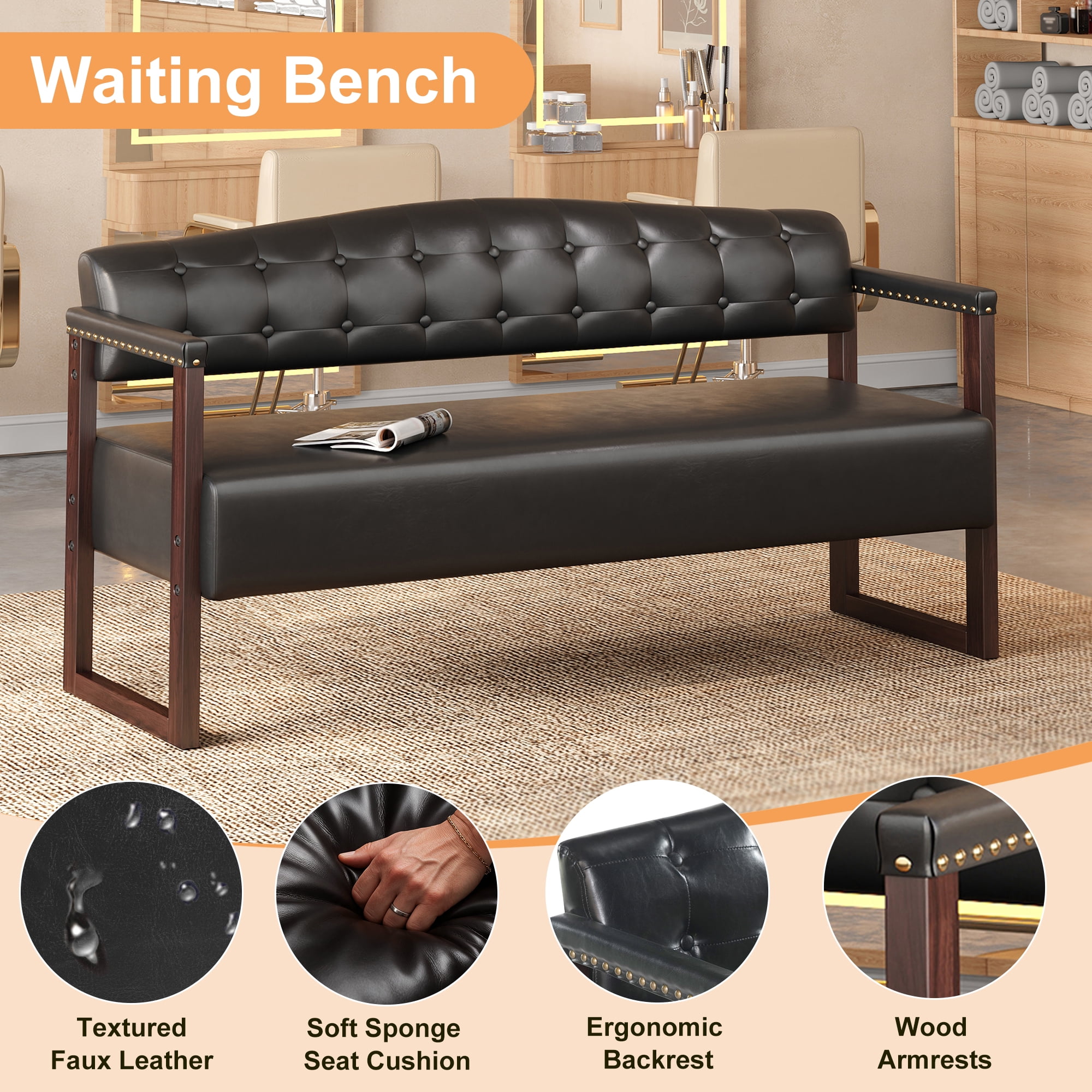AISWORD 2-Piece Faux Leather Bench Set,57.83" Upholstered Entryway Sofa Bench with Tufted Backrest & Nailhead Trim,Black