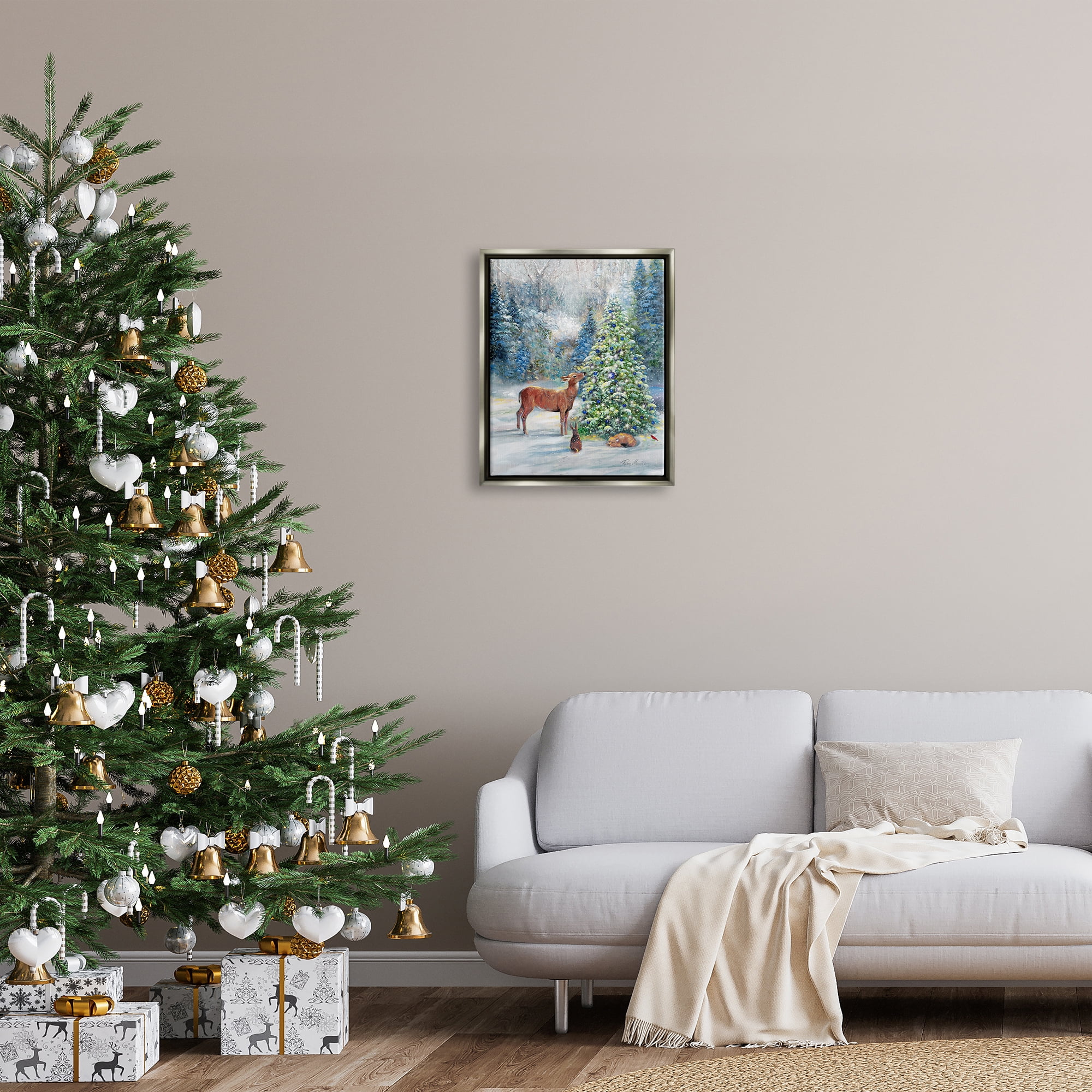 Stupell Industries Winter Woodland Animals Tree Holiday Painting Gray Floater Framed Art Print Wall Art