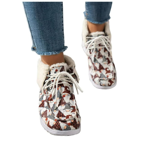 Fold Over Snow Boots for Women Lace up Plush Lined Winter Booties Trendy Print High Top Flat Walking Shoes