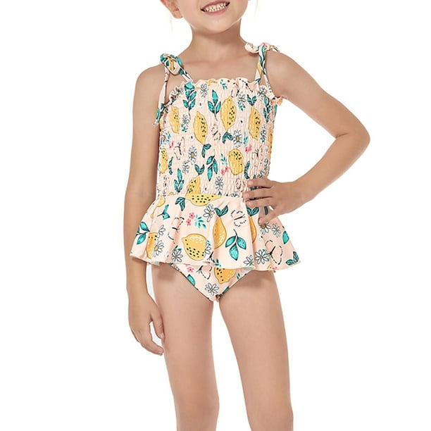 LUXUR Girls Bathing Suit Two Pieces Swimdress Quick Dry Comfy Swimsuit  Sleeveless Swimming Yellow 152 (130-140) 