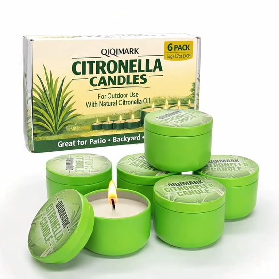 Citronella Candles Outdoor Set, 6 Pack (1.7 oz Each), Citronella Essential Oil Infused, Green Tin Candle for Patio Camping Picnic Backyard, Long Burning, Total 48 Hours