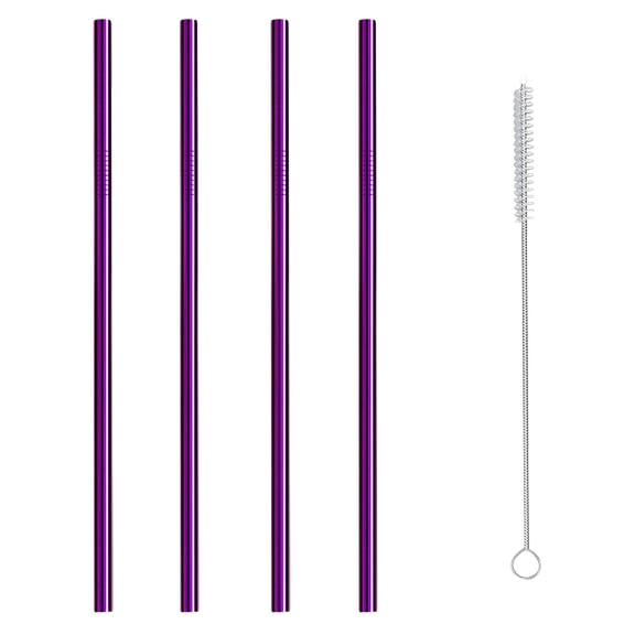 4 Pack Reusable Stainless Steel Straws with Case & 1 Brushes, Straight Reusable Drinking Straws, Metal Stainless Steel Eco-Friendly 10.5In, with 1 Cleaning Brush (Purple)