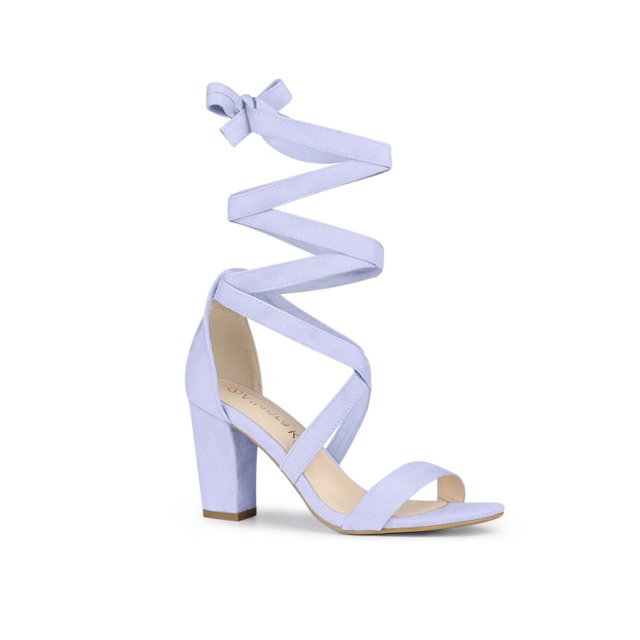 BLISSFUL STEP Women's Sandals Solid Color Mid Block Heels Lace up Sandals Light Purple 8