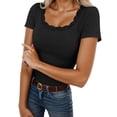 thumbnail image 3 of Women's Short Sleeve Lace Trim Ribbed Top Casual Basic Tee Spring Trendy, 3 of 9