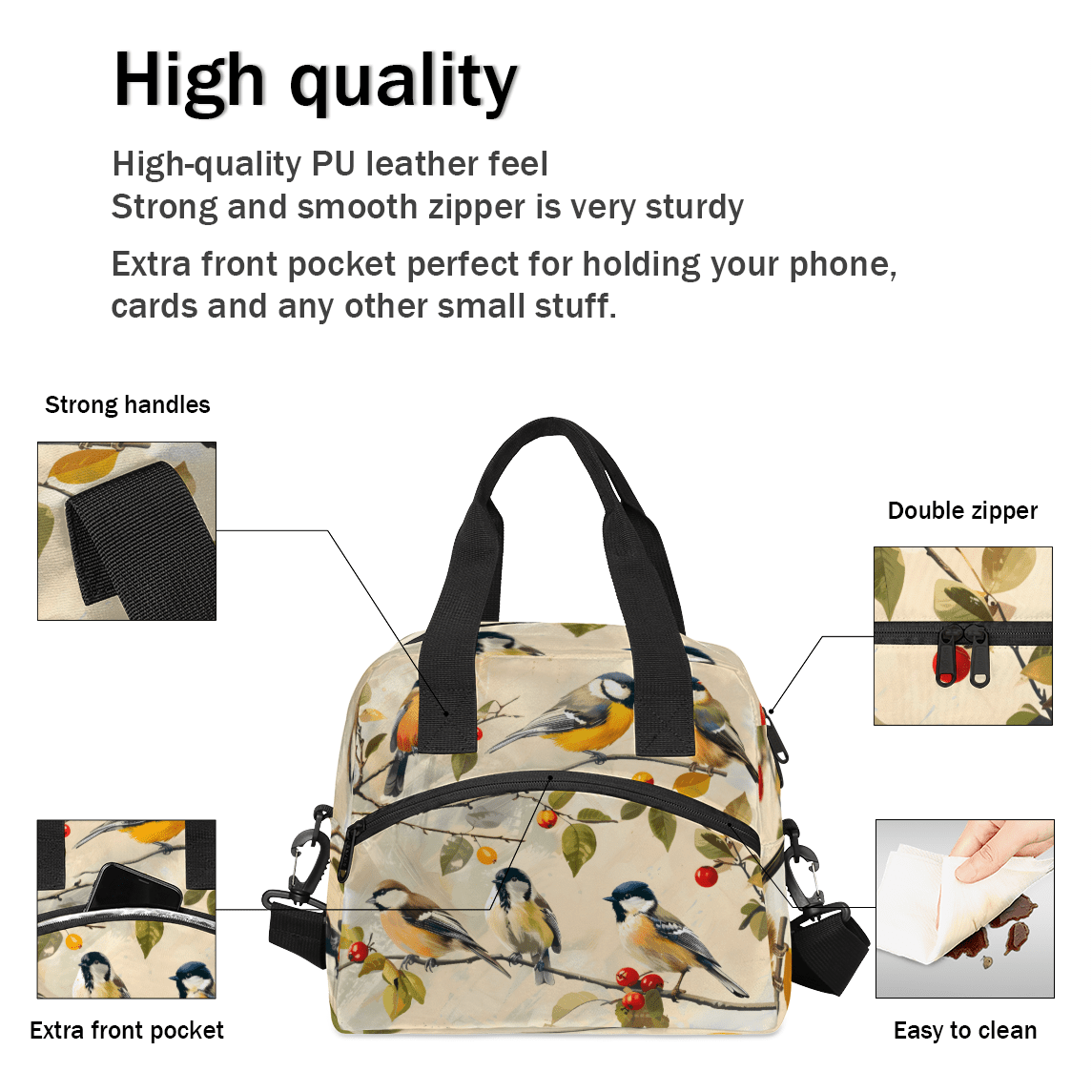 Herdesigns Vintage Bird Insulated Lunch Bag for Women Men Adults Large Reusable Lunch Box Leakproof Portable Cooler Tote Bags with Adjustable Shoulder Strap