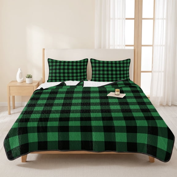 3 Pieces Queen Quilt Set,Black Green Buffalo Checker Soft Bedding Sets with 1 Quilt & 2 Pillow Shams,Classic Plaid Lattice Summer Bedspread Lightweight Coverlet Comforter for All Season