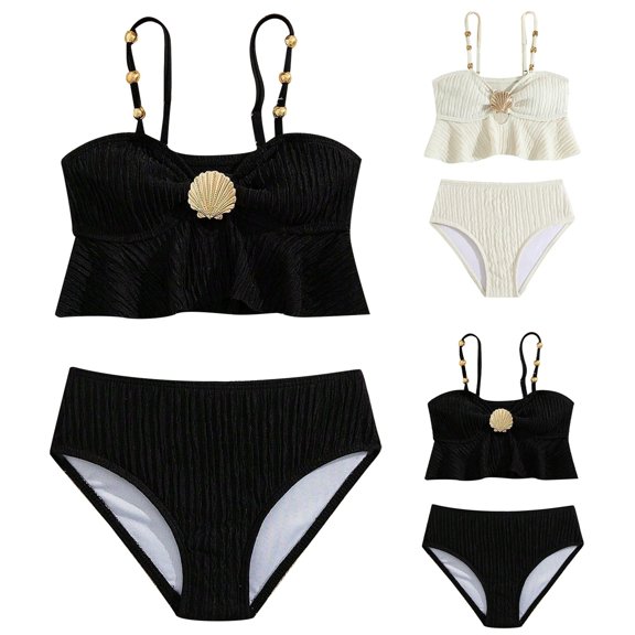 Trendfront Girls Swimsuit 2 Piece Bathing Suit Solid Color Plain Cami Vest Strap Top Ruffle Flounce Sea Shell Match Sets Swimwear