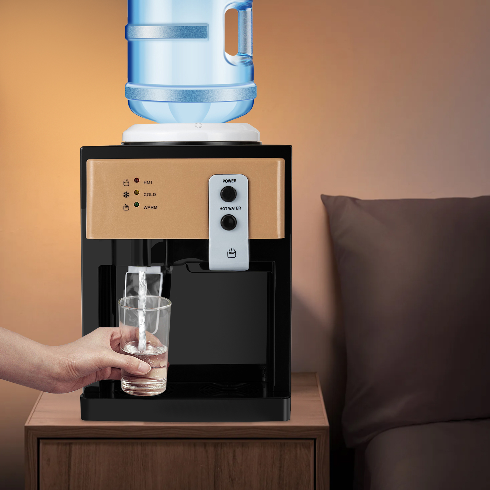 Peakora Countertop Hot and Cold Water Cooler Champagne Gold&Black Desktop Top Loading Water Dispenser with three different water temperatures (hot/cold/warm) for Both Home and Commercial Places 110V