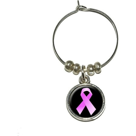 

Breast Cancer Ribbon On Black Wine Glass Charm Drink Stem Marker Ring