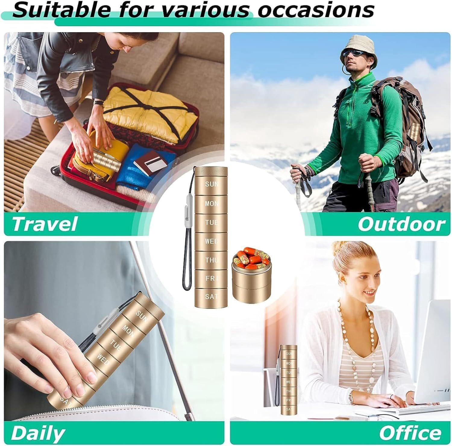 Compact Multi Compartment Pill Holder, 7 Day Pill Dispenser Metal Travel Pill Organizer Large Capacity, Pocket Airtight Waterproof Portable Pill Box Bpa Free, Once A Day