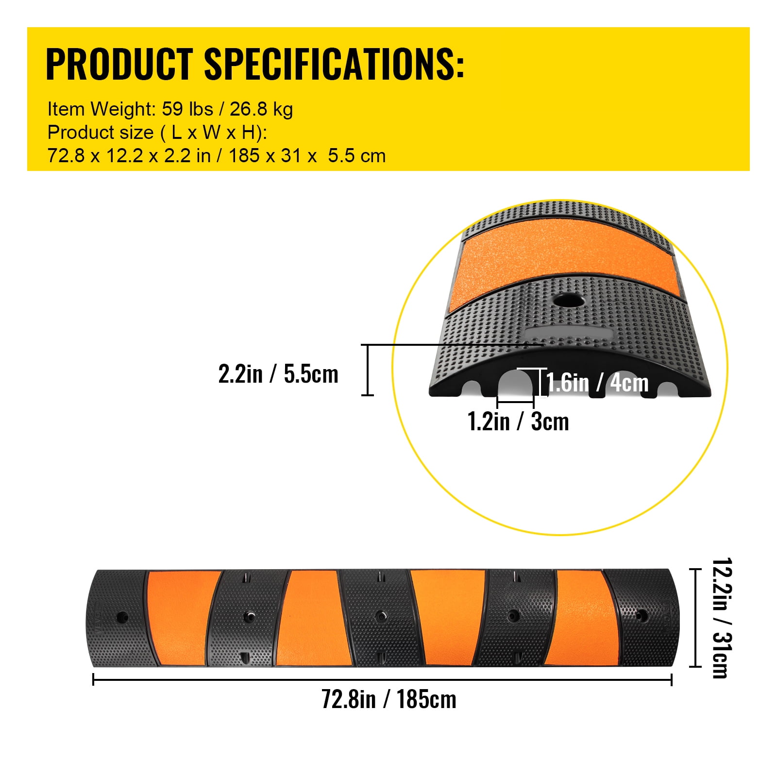 KFFKFF 1 Pack 2 Channel Speed Bump Hump, 72" Long Modular Speed Bump Rated 22000 LBS Loading, 72.8 x 12.2 x 2.2" Garage Speed Bump, Rubber Speed Bump