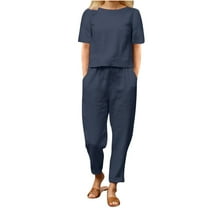 Vacation Outfits for Women 2 Piece Sets Summer Round Long Sleeve T-Shirts Elastic Waist Long Pants Sets Casual Solid Color Two Piece Outfits,Ot-5,Navy,XL