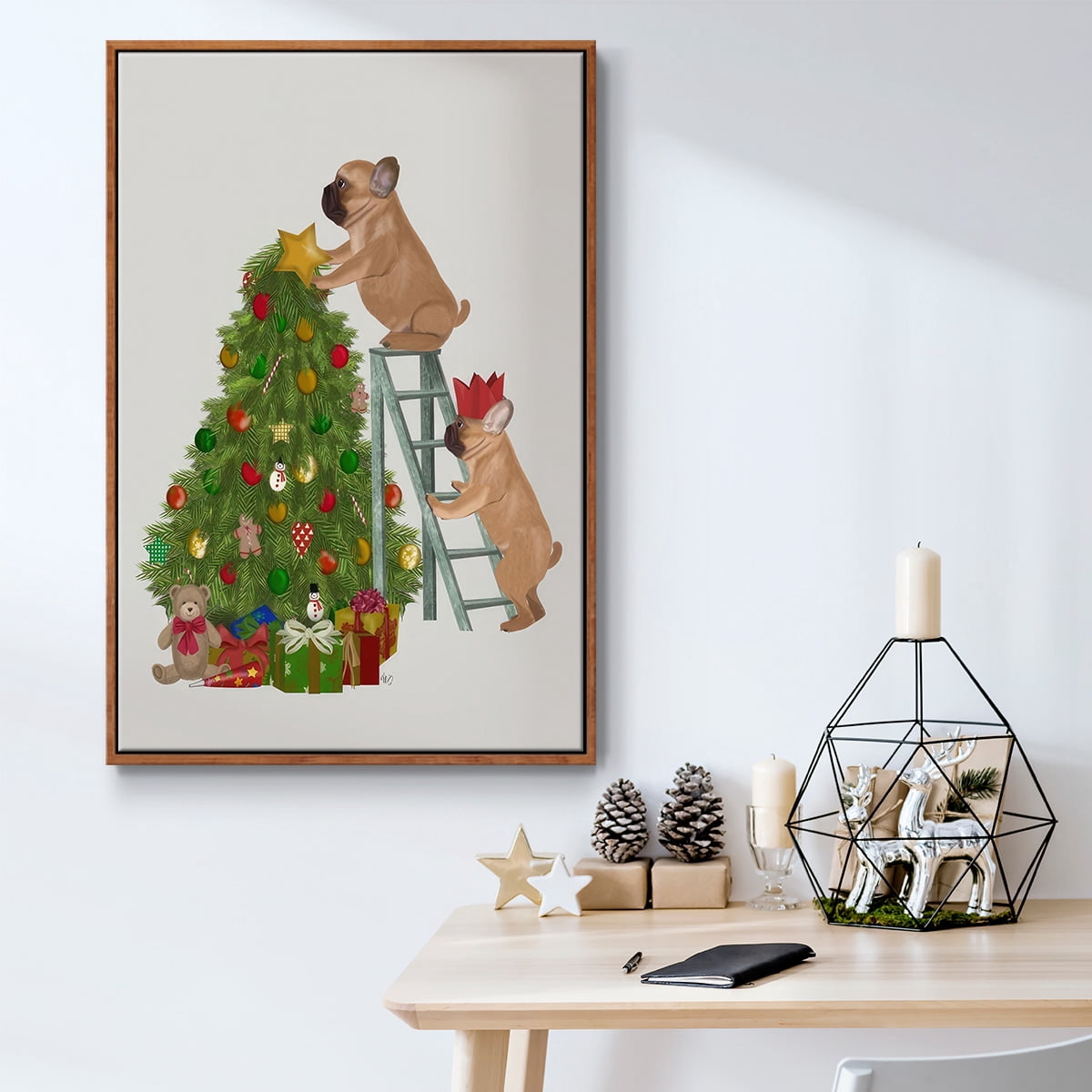 Christmas French Bulldog Tree Ladder - Framed Gallery Wrapped Holiday Canvas - 25 x 37 - Rosewood Frame