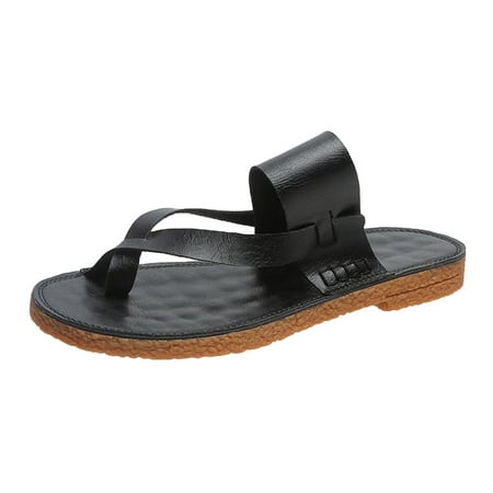 

sandals for Women Ladies Fashion Solid Color Leather Toe Soft Sole Flat Open Toe Casual Sandals PU Dress Sandals for Women Black