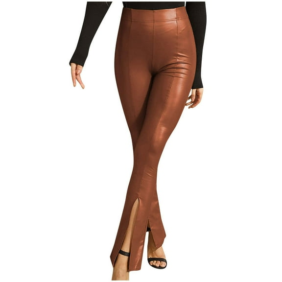 Odeerbi Solid Color Leather Pants for Women 2025 Fashion Casual Solid Bifurcate Trousers High Waisted Comfortable Full Length Pants Brown