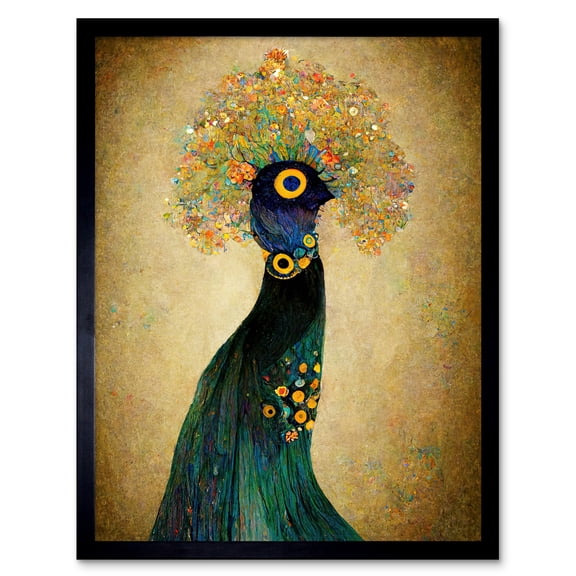 Elegant Peacock Portrait In Emerald And Gold Gustav Klimt Art Print Framed Poster Wall Decor 12x16 inch