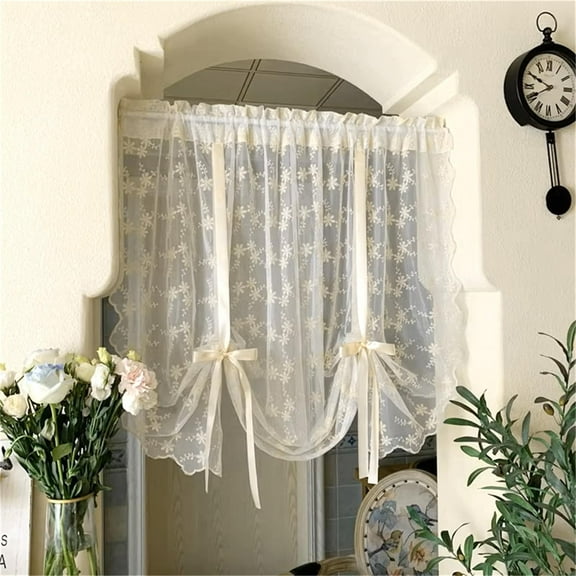 Bowknot Tie Up Kitchen Curtain Floral Balloon Lace Sheer Curtain Tiers for Small Cafe Windows Rod Pocket Light Filtering Ruffled Voile Window Valance for Wedding 1 Panel W50 x L40 Inch