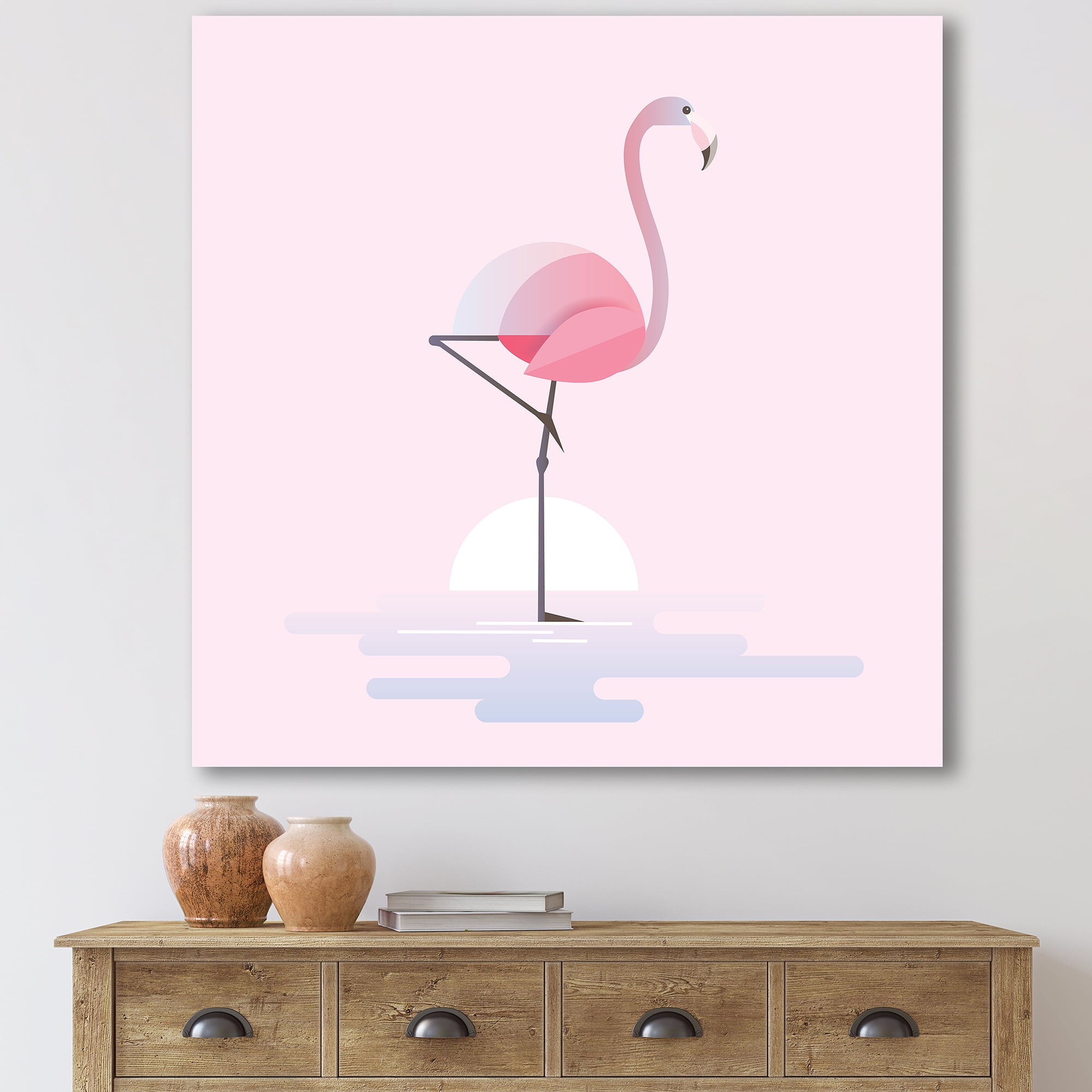 Designart ' Standing On One Toes Pink Flamingo ' Farmhouse Canvas Wall Art Print