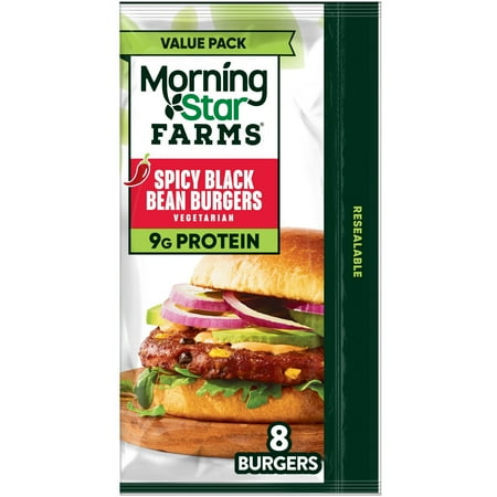 MorningStar Farms Vegetarian Spicy Black Bean Veggie Burgers, 18.9 oz, 8 Count (Frozen)