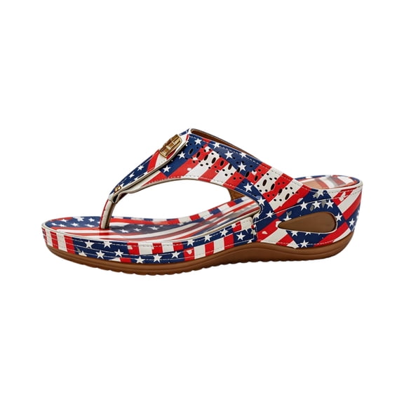 longantii Women's American Flag Wedge Flip Flops, Patriotic Thong Sandals, Comfort Platform Shoes for 4th of July Beach Wear Blue