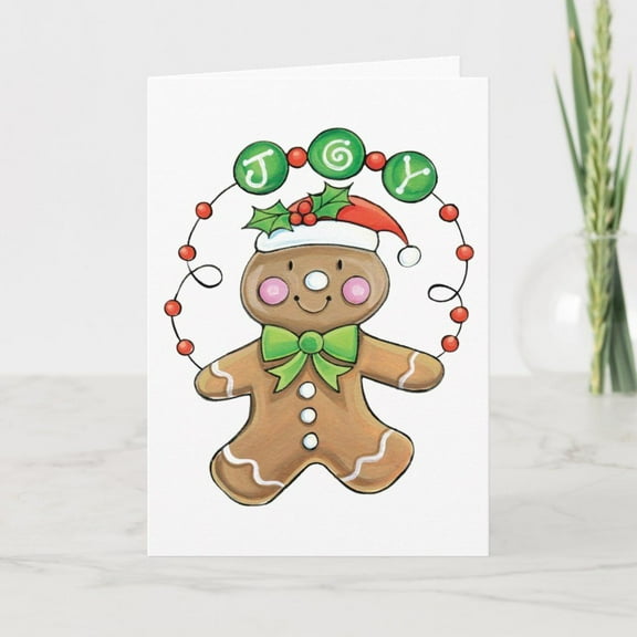 Joyful Gingerbread Man Christmas Card – Cute Festive Design with Holly & Ornaments – Blank Inside, Includes Envelope – Perfect Greeting for Holidays