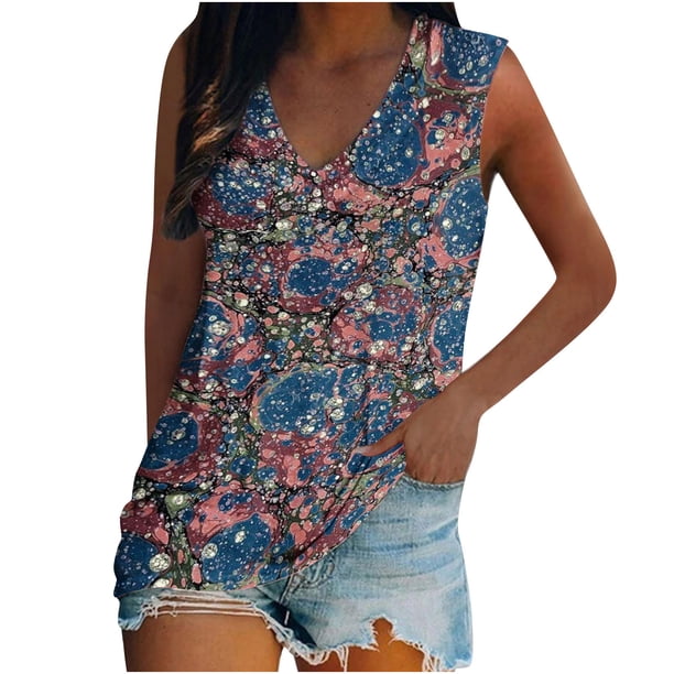 Camiseta holgada sin mangas con cuello redondo y estampado de flores informales de verano para mujer Pompotops lopia994463