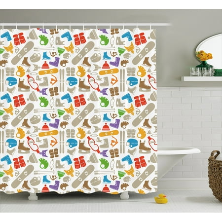Sport Shower Curtain Skates Gloves Winter Season Activities Sport Shower Curtain Skates Gloves Winter Season Activities Equipment Silhouettes Entertaintment Snowboard Fabric Bathroom