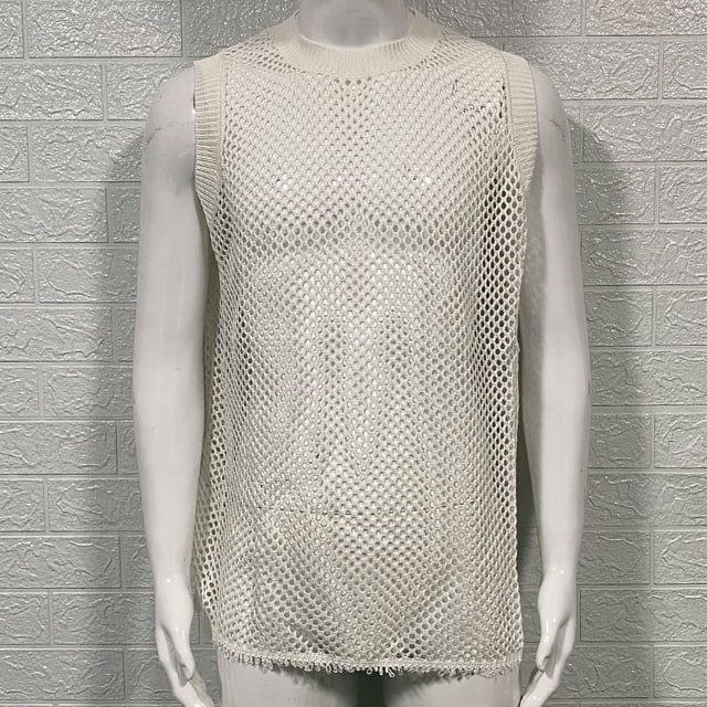 Chaleco tipo suéter para hombre, de color liso, con cuello redondo, sin mangas, de punto calado